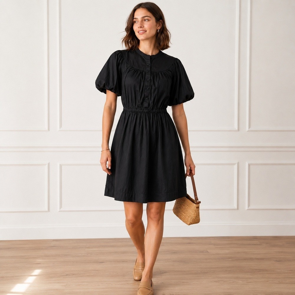 J.Crew Mini Dress Puff Sleeve Black Cotton Casual Size S